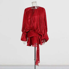 Women Flowy Mini Dress | V Neck | Long Sleeve | Spliced | Lace Up | Blouse Dress