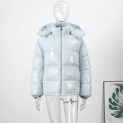 Women Glossy Zipper Hooded Jacket | Windbreaker | Pleated | Short Jacket | Cotton