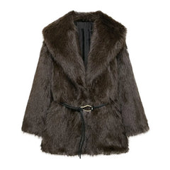 Women Fur Coat with Belt | Medium Long Coat | Long Sleeve | Loose Coat