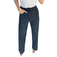 Women Shiny Rhinestone Denim Pants | Wide Leg Straight Jeans | Diamond Jeans | Y2k