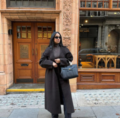 Women Long Cotton Coat | Stand Collar | Single Breasted Coat With Belt