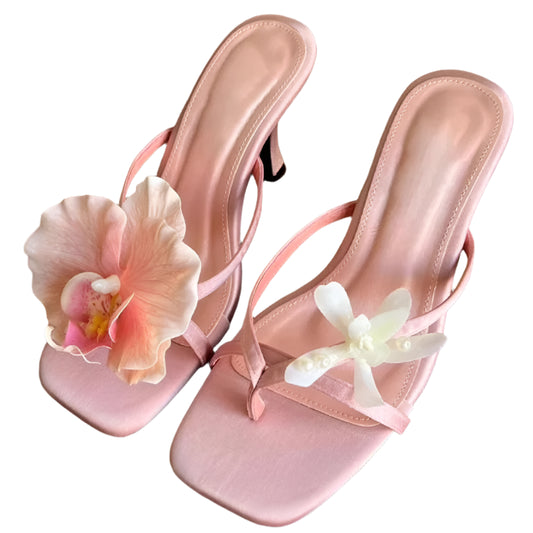 Women Hawaii Asymmetrical Flower Sandals | Thin Heels | Beach Vacation Sandals | Summer Dress Shoe
