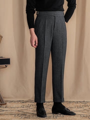 Men Vintage Wool Herringbone Pattern Pants | Casual | British | Warm | High Waist | Straight Pants