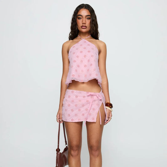 Women Sparkly Sequin Set | Mini Skirt | Sleeveless Top | Bodycon | Y2K | Halter Neck