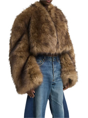 Women Cropped Patchwork Feathers Coat |  V-Neck Long Sleeve Open Stitch Short Fur Coat