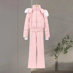 Women Pink Ski Wear Jumpsuit | Long Sleeve | Hoodie | Wide Leg Jumpsuit | Winter | Thick | Warm