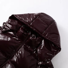 Women Glossy Zipper Hooded Jacket | Windbreaker | Pleated | Short Jacket | Cotton