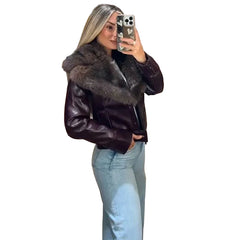 Women Patchwork Leather Jacket | Detachable Collar | Double Breasted | Winter