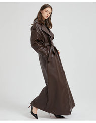 Women Extra Long Leather Trench Coat | Luxury Chic Overcoat | Autumn