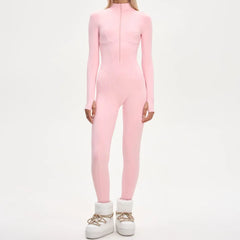 Women Pink Ski Wear Jumpsuit | Long Sleeve | Hoodie | Wide Leg Jumpsuit | Winter | Thick | Warm