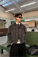 Men Suede Jacket | Loose Collar | Airplane Buckle