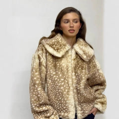 Women Deer Print Fur Coat | Short Coat | Vintage Fur Coat
