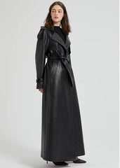 Women Extra Long Leather Trench Coat | Luxury Chic Overcoat | Autumn