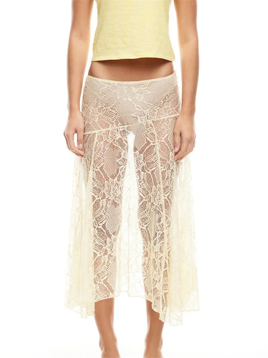 Women Midi Skirt | Lace Floral | Low Waist Skirt | Summer Casual See Through Skirt