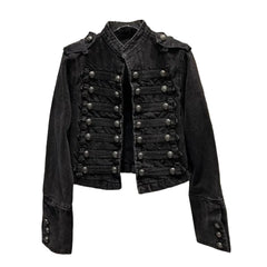 Women Metal Rib Button Denim Jacket | Cropped Jacket | Washed Effect | Napoleon Jacket | Slim