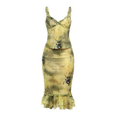 Women Ruffle Floral Set | Y2K | Camisole Top | Tiered Skirt | Vacation | See Through