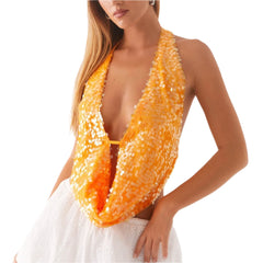 Women Sequin Halter Top | Sleeveless Deep V Neck | Backless Glitter Tank Top