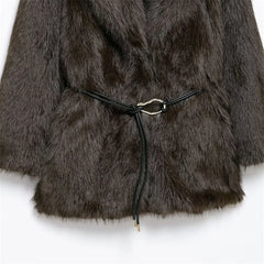 Women Fur Coat with Belt | Medium Long Coat | Long Sleeve | Loose Coat