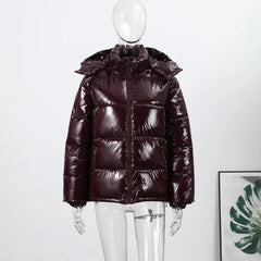 Women Glossy Zipper Hooded Jacket | Windbreaker | Pleated | Short Jacket | Cotton