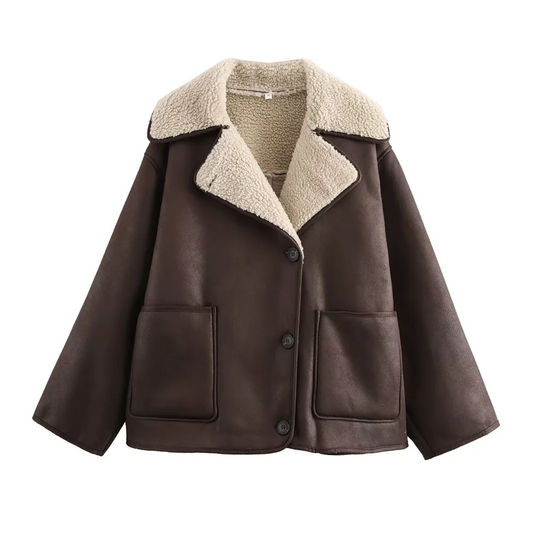 Women Loose Double Sided Collar Long Sleeve Warm Fur Jacket | Shearling Jacket