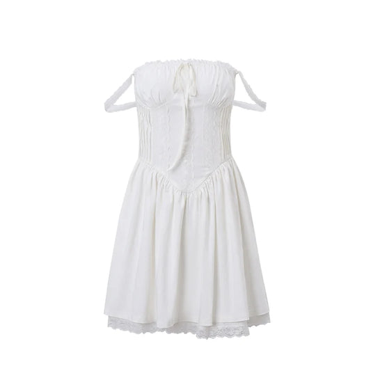 Women White Pleated Mini Dress | Summer Dress | Square-Neck Lace Patchwork Dress