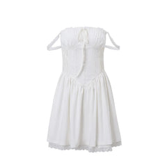 Women White Pleated Mini Dress | Summer Dress | Square-Neck Lace Patchwork Dress