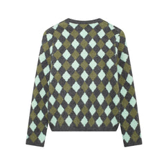 Women Vintage Argyle Sweater | Long Sleeve | Pockets | Knitted Cardigan