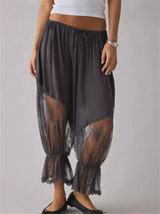 Women Loose Fit Bloomers Cropped Pants | High Waist | Floral Lace | Lantern Trousers