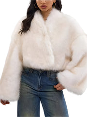 Women Cropped Patchwork Feathers Coat |  V-Neck Long Sleeve Open Stitch Short Fur Coat