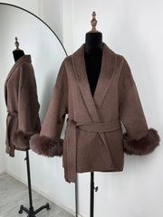 Women Fur Woolen Coat | Short Coat | Elegant Double-Sided Wool Overcoat | Cardigan Jacket | Long Wrap Coat
