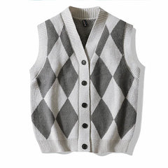 Men Plaid Sweater Vest | Sleeveless V-Neck Button Cardigan | Office Knitted Vest