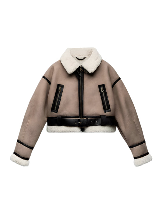 Women Spliced Leather Short Soft Fur Jacket | Female Zipper Belt Coat