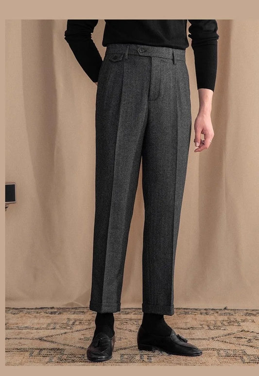 Men High-Waisted Woolen Pants | Herringbone | Italian Vintage Pants | Suit Pants |  Warm | Straight Fit