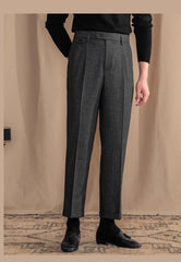 Men High-Waisted Woolen Pants | Herringbone | Italian Vintage Pants | Suit Pants |  Warm | Straight Fit