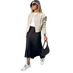Women Long High Waist Satin Skirt | Office Midi Skirt