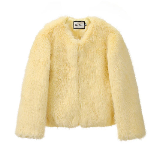 Women Round Neck Fluffy Yellow Fur Jacket | Fur Coat | Warm Outerwear