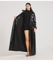 Women Black Shiny Leather Trench Coat | Luxury Designer | Floor Length | Glossy Leather Coat | Reflective | Soft Patent