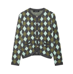 Women Vintage Argyle Sweater | Long Sleeve | Pockets | Knitted Cardigan