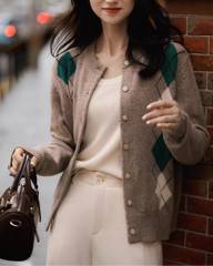Women Argyle Cashmere Knitted Cardigan | Diamond Check Sweater | Wool