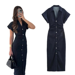 Women Denim Midi Dress | Ruched Waist | Fitted Dress