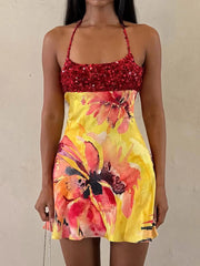 Women Floral Print Dress | Backless | Halter Neck | Sequin Bodycon Dress
