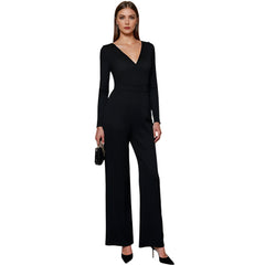 Women Black Jumpsuit | V-Neck Wide Leg Jumpsuit | Long Sleeve Plunge Neck