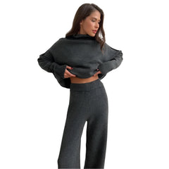Women Knitted Turtleneck Sweater and High Waisted Trousers Set | Winter Casual Knitwear