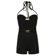 Women Black Skinny Backless Romper with Metal Rings | Club Party Black Overalls | Playsuit