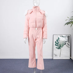 Women Pink Ski Wear Jumpsuit | Long Sleeve | Hoodie | Wide Leg Jumpsuit | Winter | Thick | Warm