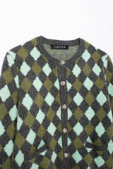 Women Vintage Argyle Sweater | Long Sleeve | Pockets | Knitted Cardigan