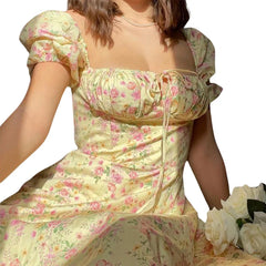 Women Vintage Summer Floral Printed Dress | Sundress | Puff Short Sleeves High Splitting Dress