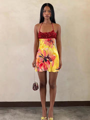 Women Floral Print Dress | Backless | Halter Neck | Sequin Bodycon Dress