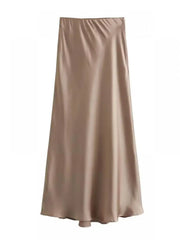 Women Solid Pleated Midi Satin Skirt | Mid Elastic Waist Vintage Skirt