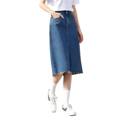 Women Long Denim Skirt | High Waist A-Line Denim Skirt with Slit
